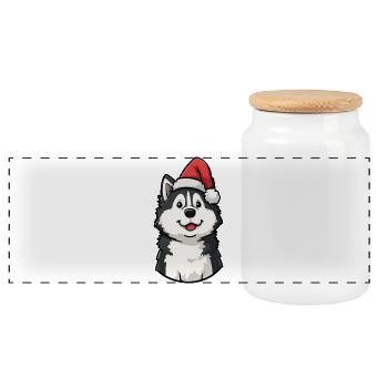 Chiot Père Noël husky - Boîte à biscuits avec couvercle en bois - blanc - Devant