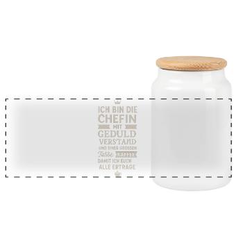 Chefin mit Geduld und Kaffee - Panorama Keksdose mit Holzdeckel - Weiß - Vorne