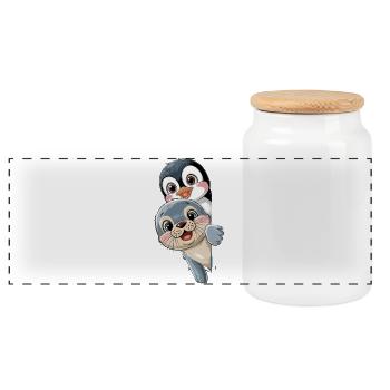 Cute Penguin And Seal Cartoon For Kids - Panoramic Cookie Jar with Wooden Lid - white - Front