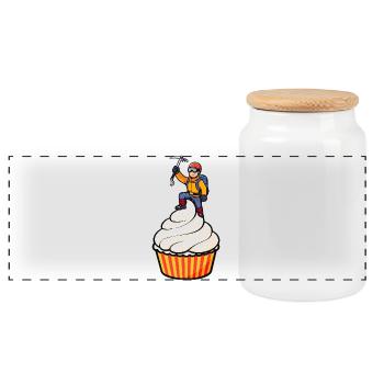 Mountaineer on Cupcake – Funny Cartoon Motif - Panoramic Cookie Jar with Wooden Lid - white - Front