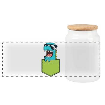 Pocket Dino with Sunglasses Cute Kids Motif - Panoramic Cookie Jar with Wooden Lid - white - Front