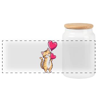 Katze mit Herz Ballon Geschenk Geburtstag - Panorama Keksdose mit Holzdeckel - Weiß - Vorne