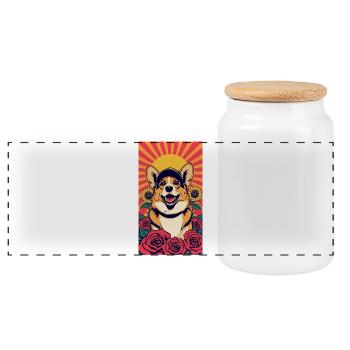Corgi Sunshine and Roses - Panoramic Cookie Jar with Wooden Lid - white - Front