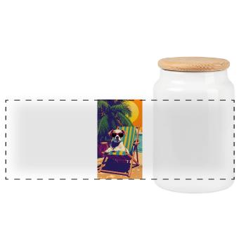 Dog at sunset on a beach chair - Panoramic Cookie Jar with Wooden Lid - white - Front