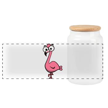 Cheerful Pink Flamingo Cartoon - Panoramic Cookie Jar with Wooden Lid - white - Front