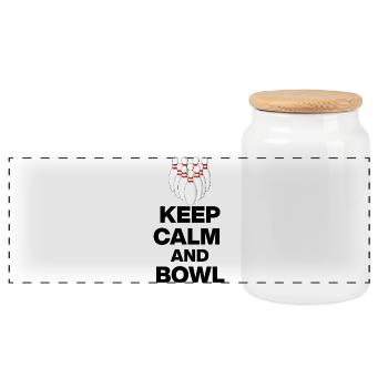 KEEP CALM AND BOWL, STRIKE MEISTER! PIN SNIPER - Panoramic Cookie Jar with Wooden Lid - white - Front