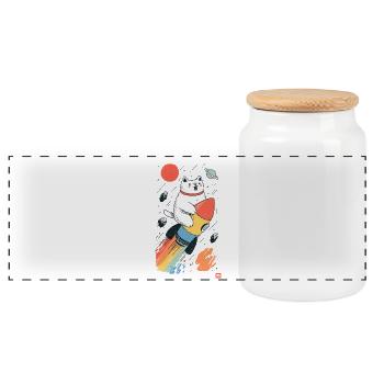 Cat on rocket in colorful space - Panoramic Cookie Jar with Wooden Lid - white - Front