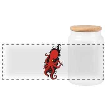 Red octopus with yellow eyes  - Panoramic Cookie Jar with Wooden Lid - white - Front