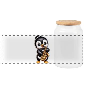 Joueur de saxophone pingouin mignon Jazz de dessins animés - Boîte à biscuits avec couvercle en bois - blanc - Devant