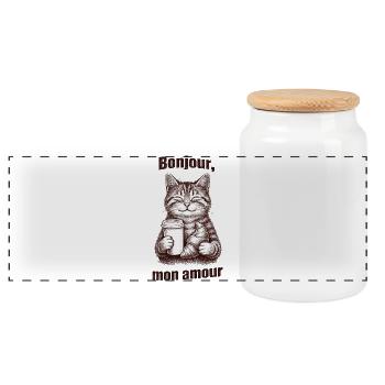 Bonjour mon amour Katze Kaffee Croissant - Panorama Keksdose mit Holzdeckel - Weiß - Vorne
