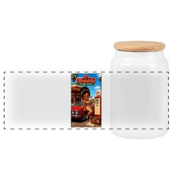 Gloria Pinup Cherry 50s Tankstelle – Kek-Ina - Panorama Keksdose mit Holzdeckel - Weiß - Vorne