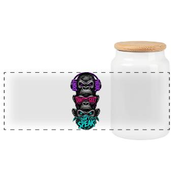 Three monkeys hear nothing see say neon - Panoramic Cookie Jar with Wooden Lid - white - Front
