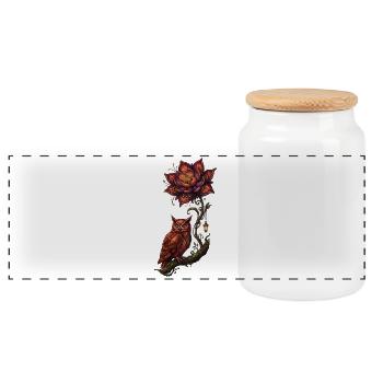 Luminescent Owl and Fire Flower - Panoramic Cookie Jar with Wooden Lid - white - Front