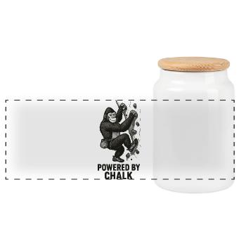 Gorilla Bouldering – Powered by Chalk Saying - Panoramic Cookie Jar with Wooden Lid - white - Front