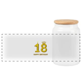 18 - Happy Birthday - Geburtstag - Zahl Gold - Panorama Keksdose mit Holzdeckel - Weiß - Vorne