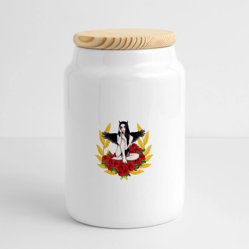 Devilish Devil Woman Satan's Roast Devil Panoramic Cookie Jar with Wooden Lid