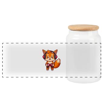 00237 roter Fuchs mit Kopfhörer und Controller - Panorama Keksdose mit Holzdeckel - Weiß - Vorne