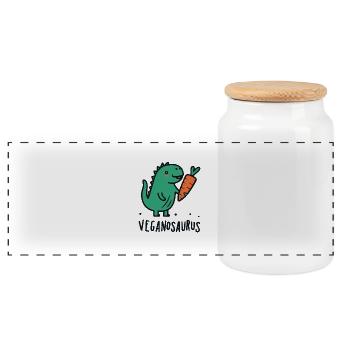Veganosaurus Vegan Dinosaur Pun - Panoramic Cookie Jar with Wooden Lid - white - Front