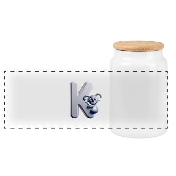 Knuddeliger Koala klettert auf den Buchstaben K - Panorama Keksdose mit Holzdeckel - Weiß - Vorne