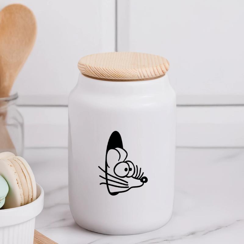 Mouse Wall Hole Mouse Hole Peeps Cute Funny Comic Panoramic Cookie Jar with Wooden Lid
