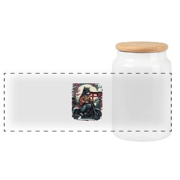 Samurai cat on motorcycle - Panoramic Cookie Jar with Wooden Lid - white - Front
