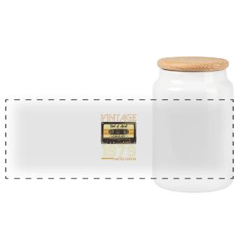 46th Birthday Original April Vintage 1979 - Panoramic Cookie Jar with Wooden Lid - white - Front