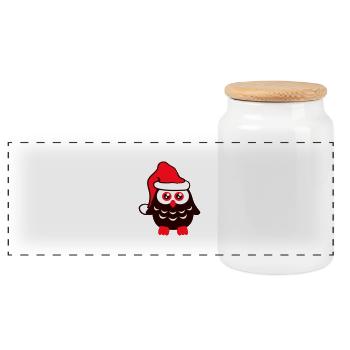 Owl Christmas Santa Claus Hat Winter Cute - Panoramic Cookie Jar with Wooden Lid - white - Front