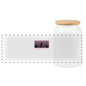 Funny Cat Eating Lightbulb Glowing Butt Tail Light - Panoramic Cookie Jar with Wooden Lid - white - Front