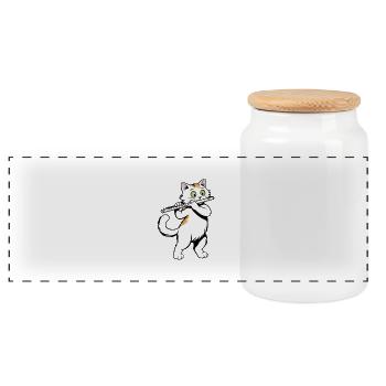 Cat plays flute - Panoramic Cookie Jar with Wooden Lid - white - Front