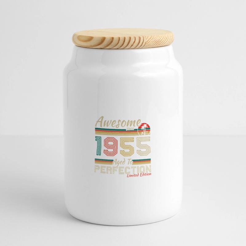1955 Vintage Retro Anniversary Gift Panoramic Cookie Jar with Wooden Lid