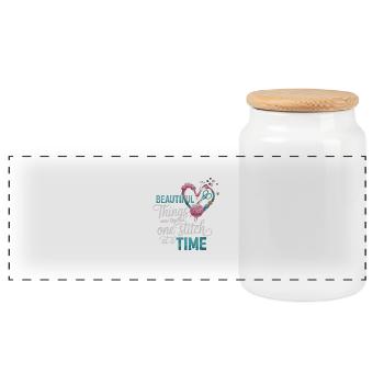 Sewing design – stitch by stitch to beauty - Panoramic Cookie Jar with Wooden Lid - white - Front