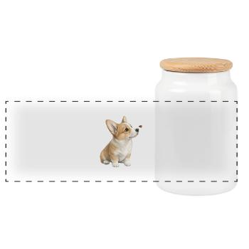Corgi Dog Motif with Ladybug Gift - Panoramic Cookie Jar with Wooden Lid - white - Front