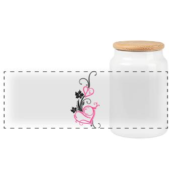 Two hearts with blossoms - Panoramic Cookie Jar with Wooden Lid - white - Front