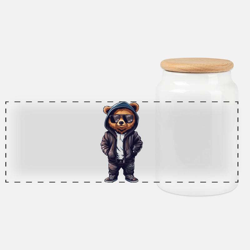 Cooles Teddybär T-Shirt, Lederjacke, Sonnenbrille - Panorama Keksdose mit Holzdeckel - Weiß