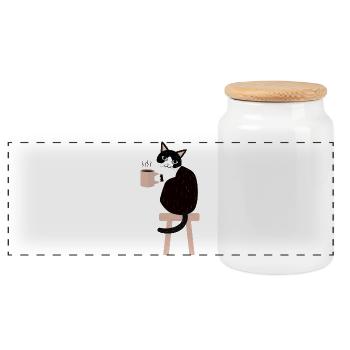 Coffee Break Cat - Panoramic Cookie Jar with Wooden Lid - white - Front