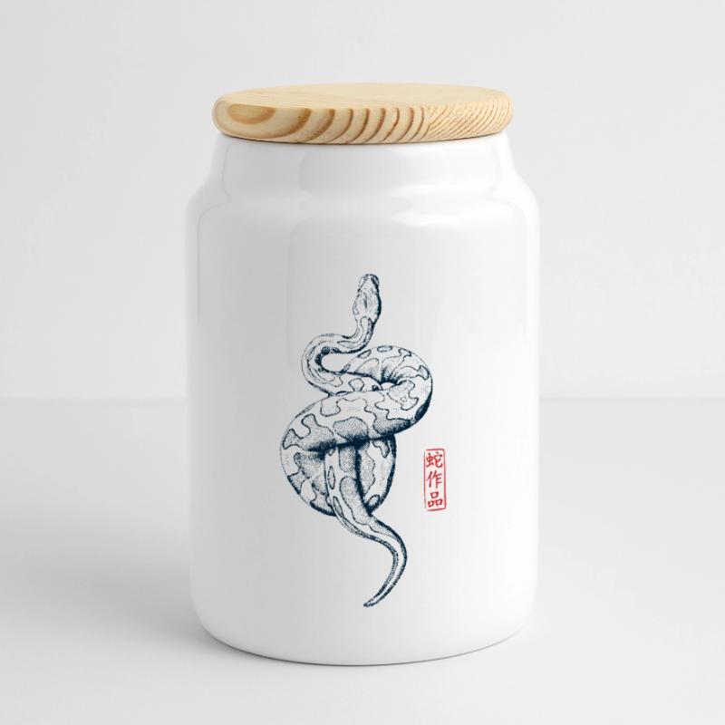 Python avec tampon kanji Boîte à biscuits avec couvercle en bois