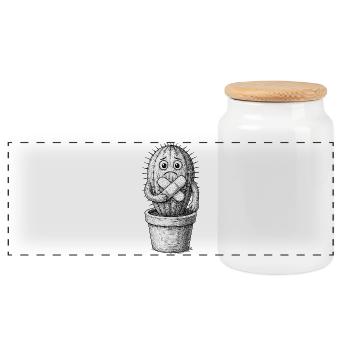 Bandaged Sad Cactus - Panoramic Cookie Jar with Wooden Lid - white - Front
