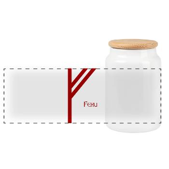 Fehu rune named Red – Viking Futhark Norse - Panoramic Cookie Jar with Wooden Lid - white - Front