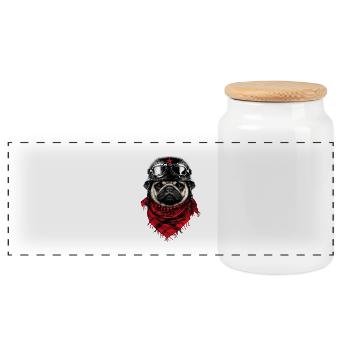 Kämpferischer Mops im Pilotenlook - Panorama Keksdose mit Holzdeckel - Weiß - Vorne