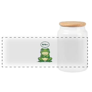 Relax! – Serene frog with attitude - Panoramic Cookie Jar with Wooden Lid - white - Front