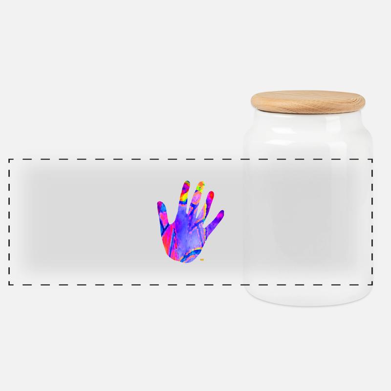 Bunte Neon Hand - Panorama Keksdose mit Holzdeckel - Weiß