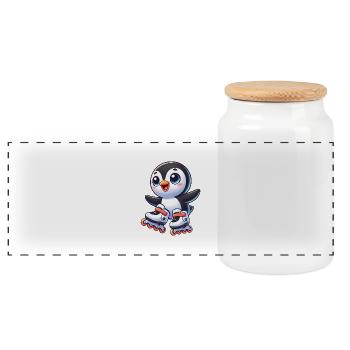 Cute Penguin Inline Skates Cartoon Jump - Panoramic Cookie Jar with Wooden Lid - white - Front