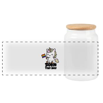 Little unicorn with rainbow flag "Born this Way - Panoramic Cookie Jar with Wooden Lid - white - Front