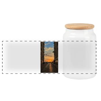 Dusk on Cobblestone Street - Panoramic Cookie Jar with Wooden Lid - white - Front