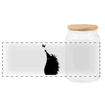 A hedgehog watching a butterfly - Panoramic Cookie Jar with Wooden Lid - white - Front