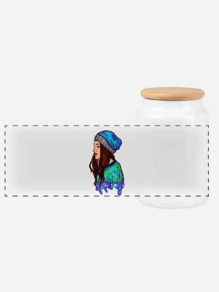 Bunte Illustration einer Frau mit Mütze - Panorama Keksdose mit Holzdeckel - Weiß