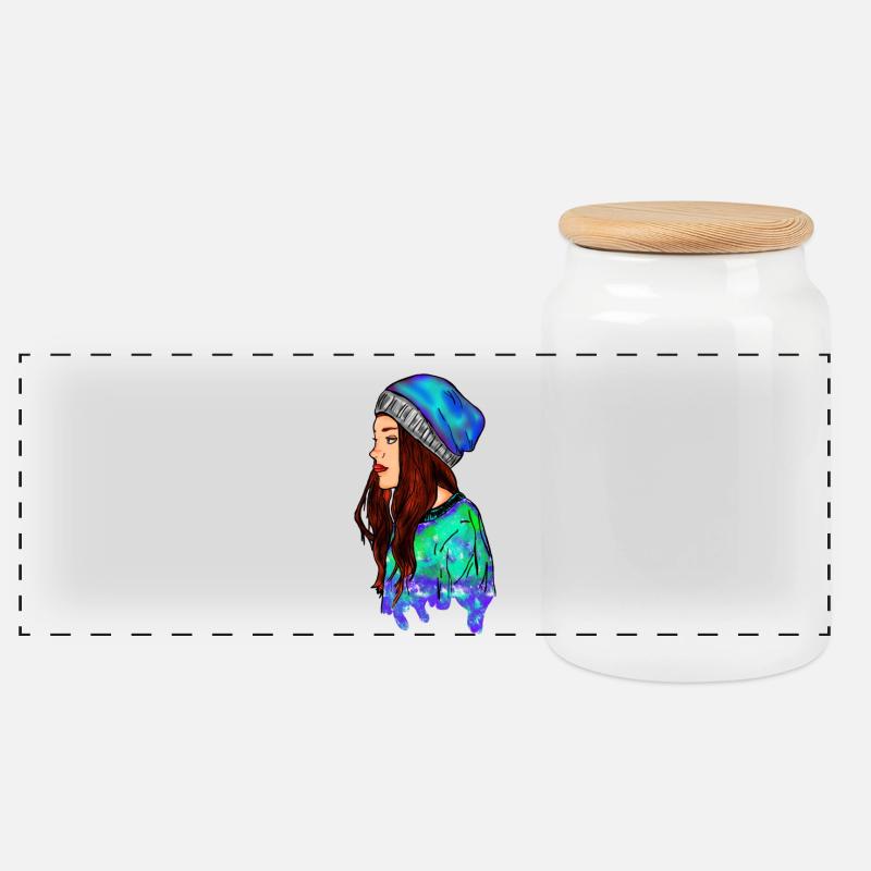 Bunte Illustration einer Frau mit Mütze - Panorama Keksdose mit Holzdeckel - Weiß
