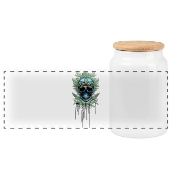 Eleganter blauer dekorativer Totenkopf mit Blättern. - Panorama Keksdose mit Holzdeckel - Weiß - Vorne