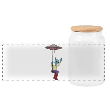 Alien Swinging with UFO and Peace Sign - Panoramic Cookie Jar with Wooden Lid - white - Front
