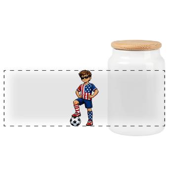 Soccer Boy USA America Fan American Flag - Panoramic Cookie Jar with Wooden Lid - white - Front